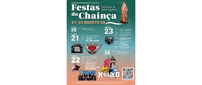 As Festas da Chainça 2026 decorrem entre 21 e 23 de agosto em Leiria