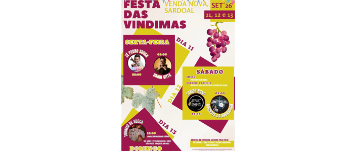 As Festas das Vindimas realizam-se de 11 a 13 de setembro de 2026 em Venda Nova, Sardoal. Gastronomia tradicional, concertos e torneio de Sueca.