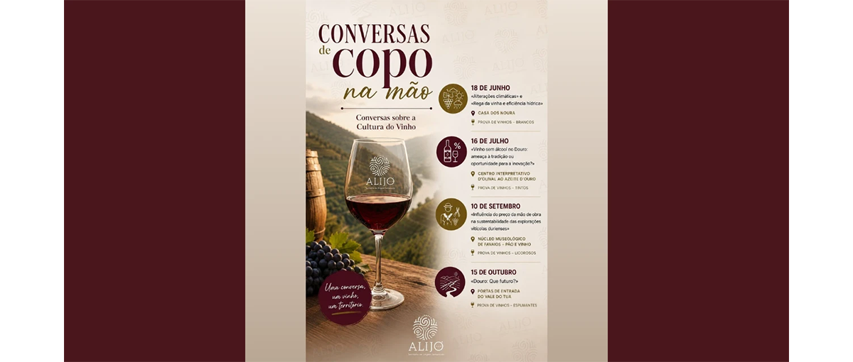 A terceira sessão das Conversas de Copo na Mão realiza-se a 10 de setembro de 2026 no Núcleo Museológico de Favaios. Debate sobre a sustentabilidade no Douro.