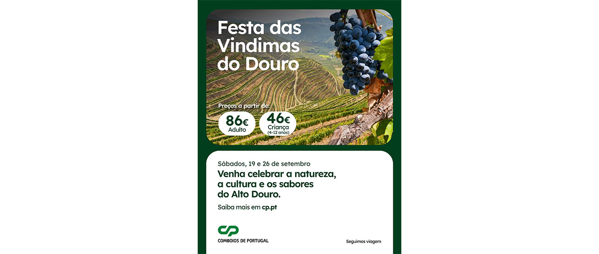 Viagem de comboio especial e vindima imersiva na Quinta da Avessada a 19 e 26 de setembro de 2026. Apanha de uva e almoço regional no Douro.