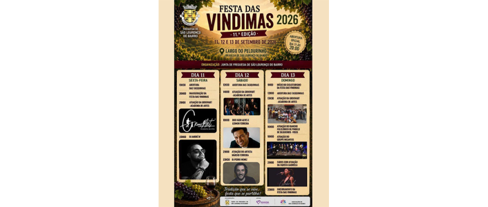 São Lourenço do Bairro acolhe a Festa das Vindimas entre 11 e 13 de setembro de 2026. Tradição, gastronomia e vinhos da Bairrada no Largo do Pelourinho.