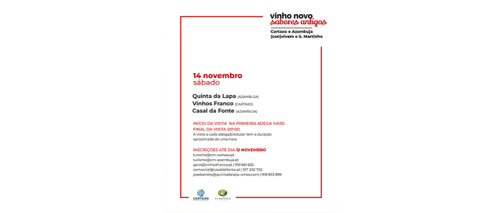 Guia do Vinho Novo Saberes Antigos no Cartaxo e Azambuja 2026 a 14 de novembro. Prova nas adegas, rota de autocarro, programa e detalhes do evento.