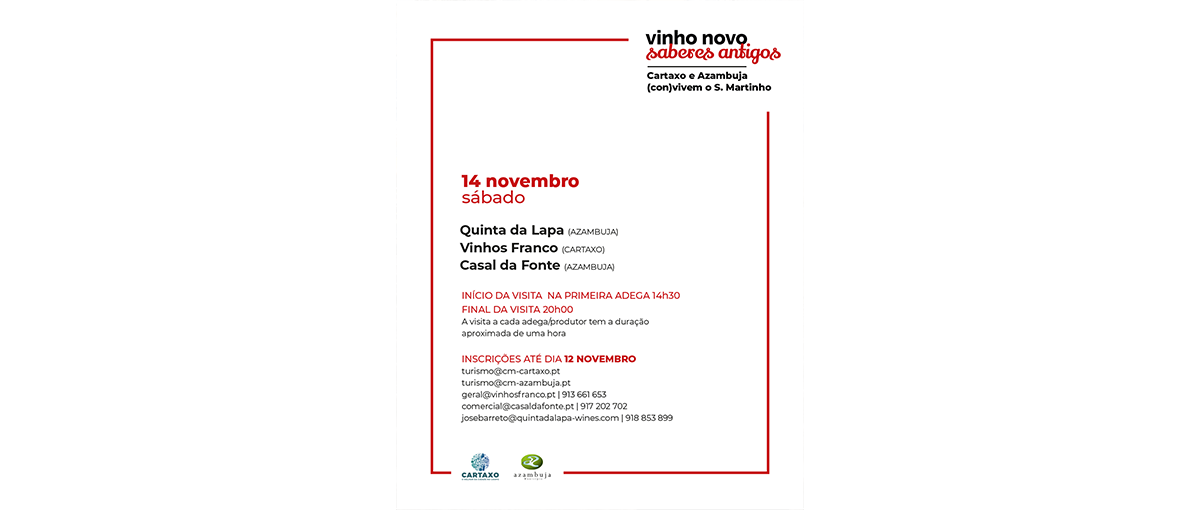 Guia do Vinho Novo Saberes Antigos no Cartaxo e Azambuja 2026 a 14 de novembro. Prova nas adegas, rota de autocarro, programa e detalhes do evento.