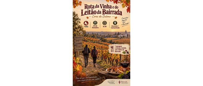 Participe na Rota da Vinha e do Leitão da Bairrada Cores de Outono a 24 de outubro de 2026 em Ourentã. Caminhada, leitão assado e vinhos regionais.