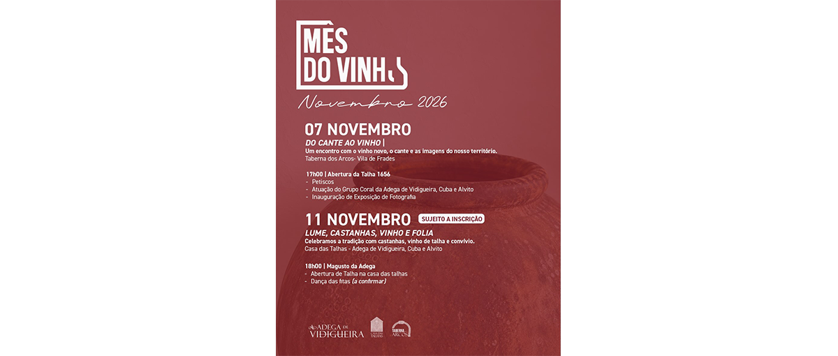 Guia completo do Mês do Vinho na Vidigueira 2026 durante o mês de novembro. Programa na Casa das Talhas e Taberna dos Arcos, vinho de talha e tradições.