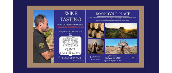 Participe no Wine Tasting Quinta da Boa Esperança a 6 de outubro de 2026 na Lagoa Wine Shop na Foz do Arelho. Descubra os vinhos atlânticos de Lisboa.